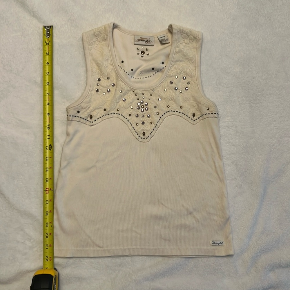 Wrangler Boho Western Tank Top Womens Large Ivory Cotton Rhinestone Studded